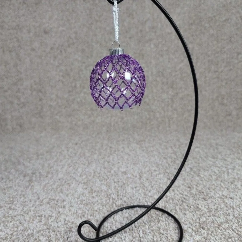Purple Beaded Christmas Ornament with Silver Ribbon Plastic‎ Ball Holiday